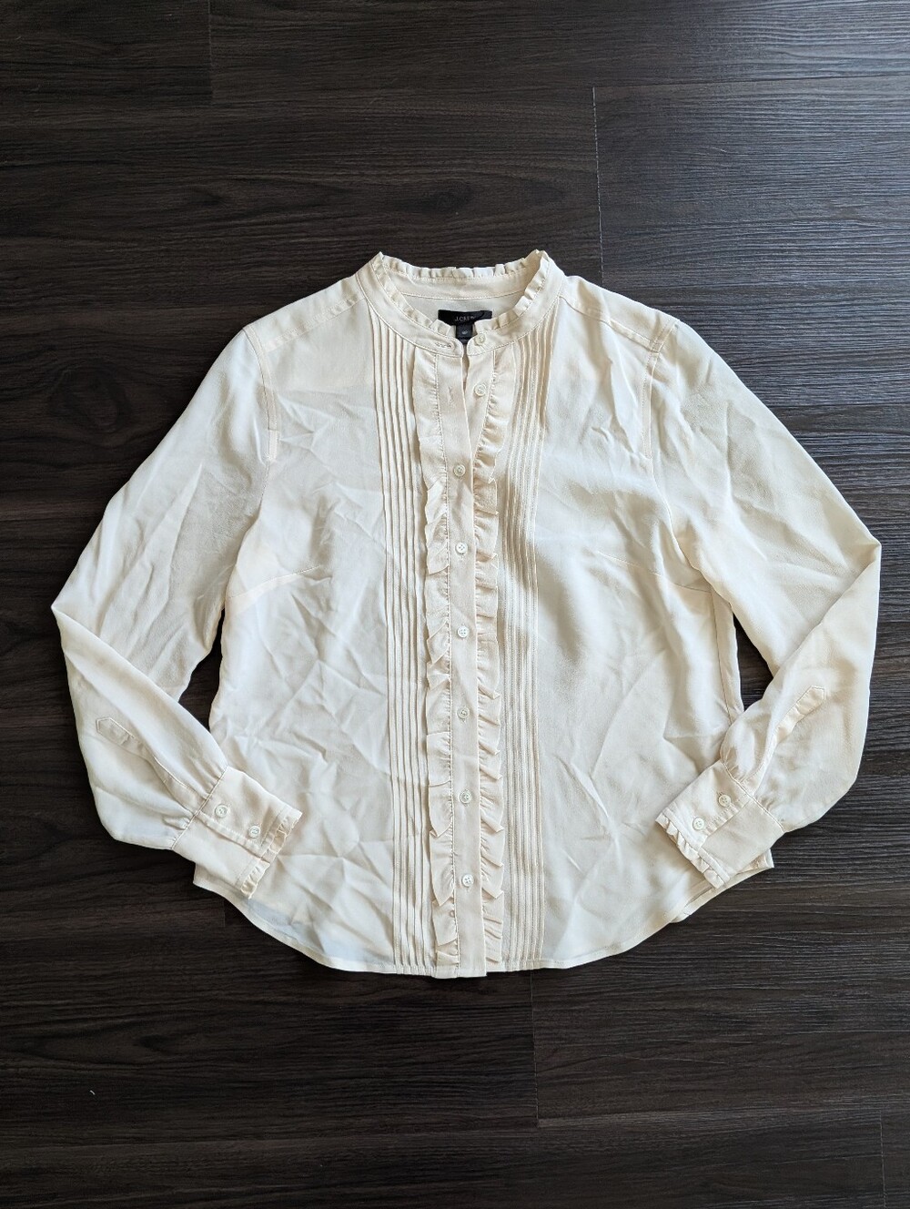 J. Crew Cream 100% Silk Blouse Ruffle Pleats Long Sleeve Office Preppy 6P